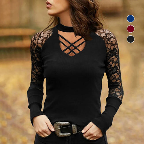 Einfarbiges modisches Langarm-T-Shirt mit V-Ausschnitt für Damen