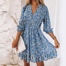 Laden Sie das Bild in den Galerie-Viewer, Damen bedrucktes mittelhohes Blumenkleid mit Puffärmeln