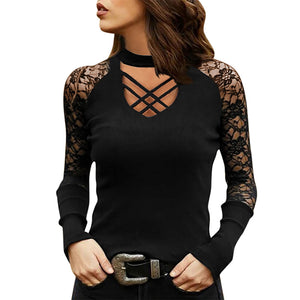 Einfarbiges modisches Langarm-T-Shirt mit V-Ausschnitt für Damen