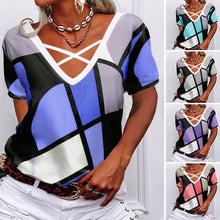 Laden Sie das Bild in den Galerie-Viewer, Lässiges Damen-T-Shirt mit V-Ausschnitt und geometrischem Aufdruck