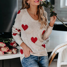 Laden Sie das Bild in den Galerie-Viewer, Herz V-Ausschnitt Strick Langarm Pullover