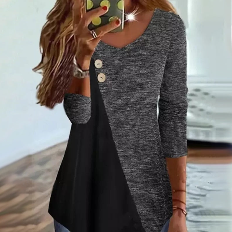 Langärmliges Kontrastierendes T-Shirt mit V-Ausschnitt