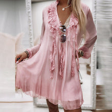 Laden Sie das Bild in den Galerie-Viewer, Einfarbiges Damenkleid aus Chiffon mit V-Ausschnitt