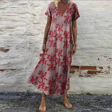 Laden Sie das Bild in den Galerie-Viewer, Kurzärmliges lockeres Blumenkleid mit V-Ausschnitt
