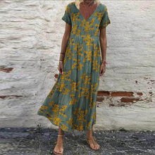 Laden Sie das Bild in den Galerie-Viewer, Kurzärmliges lockeres Blumenkleid mit V-Ausschnitt