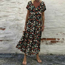 Laden Sie das Bild in den Galerie-Viewer, Kurzärmliges lockeres Blumenkleid mit V-Ausschnitt