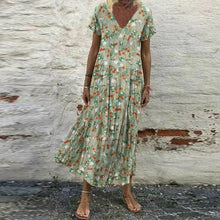 Laden Sie das Bild in den Galerie-Viewer, Kurzärmliges lockeres Blumenkleid mit V-Ausschnitt