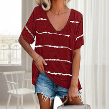 Laden Sie das Bild in den Galerie-Viewer, Damen lockeres gestreiftes kurzärmeliges T-shirt mit Taschen