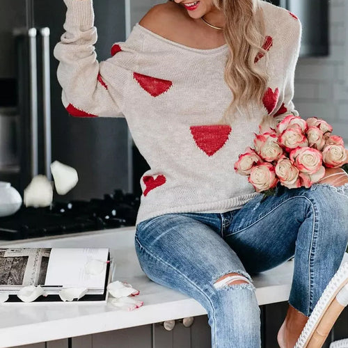 Herz V-Ausschnitt Strick Langarm Pullover