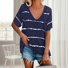 Laden Sie das Bild in den Galerie-Viewer, Damen lockeres gestreiftes kurzärmeliges T-shirt mit Taschen