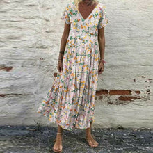 Laden Sie das Bild in den Galerie-Viewer, Kurzärmliges lockeres Blumenkleid mit V-Ausschnitt