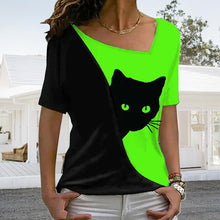 Laden Sie das Bild in den Galerie-Viewer, Schwarzes Katzen-T-Shirt mit diagonalem Ausschnitt