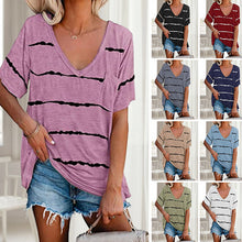Laden Sie das Bild in den Galerie-Viewer, Damen lockeres gestreiftes kurzärmeliges T-shirt mit Taschen