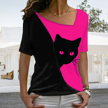 Laden Sie das Bild in den Galerie-Viewer, Schwarzes Katzen-T-Shirt mit diagonalem Ausschnitt
