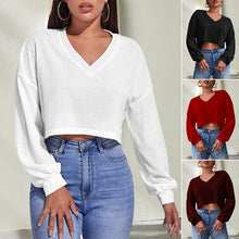 Laden Sie das Bild in den Galerie-Viewer, Einfarbiges Sexy Strick-T-Shirt mit V-Ausschnitt