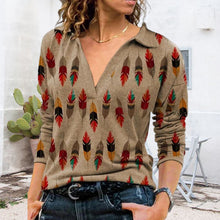 Laden Sie das Bild in den Galerie-Viewer, Damen Bedrucktes Langärmliges T-Shirt mit V-Revers