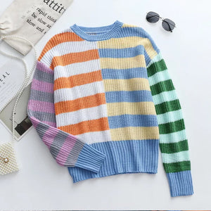 Gestreifter Lockerer Strickpullover mit Rundhalsausschnitt