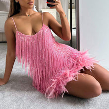 Laden Sie das Bild in den Galerie-Viewer, Spaghettiträgerkleid mit Pailletten und Federfransen für Damen