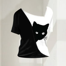Laden Sie das Bild in den Galerie-Viewer, Schwarzes Katzen-T-Shirt mit diagonalem Ausschnitt