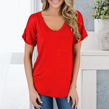 Laden Sie das Bild in den Galerie-Viewer, Einfarbiges T-Shirt mit V-Ausschnitt und Tasche