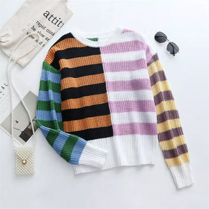 Gestreifter Lockerer Strickpullover mit Rundhalsausschnitt