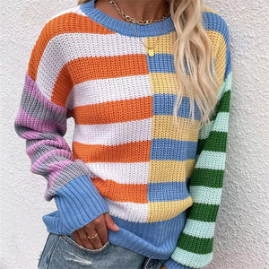 Gestreifter Lockerer Strickpullover mit Rundhalsausschnitt