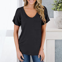 Laden Sie das Bild in den Galerie-Viewer, Einfarbiges T-Shirt mit V-Ausschnitt und Tasche