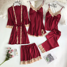 Laden Sie das Bild in den Galerie-Viewer, Sexy Seidenpyjamas 5-teiliges Set