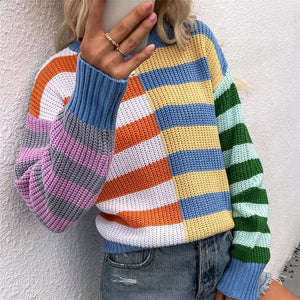 Gestreifter Lockerer Strickpullover mit Rundhalsausschnitt
