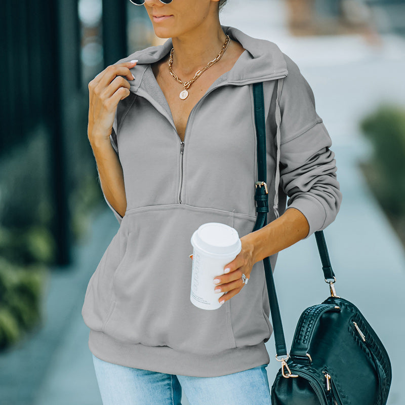 Einfarbiges Sweatshirt mit Revers und Reißverschluss