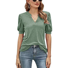 Laden Sie das Bild in den Galerie-Viewer, Einfarbiges T-Shirt mit V-Ausschnitt und Puffärmeln