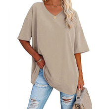 Laden Sie das Bild in den Galerie-Viewer, Damen lockeres halbärmliges T-Shirt mit V-Ausschnitt aus Baumwolle