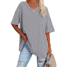 Laden Sie das Bild in den Galerie-Viewer, Damen lockeres halbärmliges T-Shirt mit V-Ausschnitt aus Baumwolle