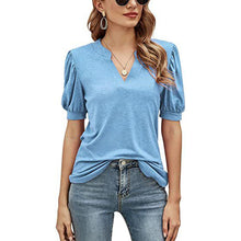 Laden Sie das Bild in den Galerie-Viewer, Einfarbiges T-Shirt mit V-Ausschnitt und Puffärmeln
