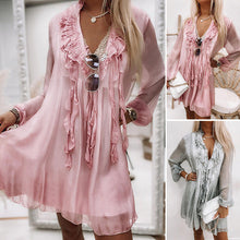 Laden Sie das Bild in den Galerie-Viewer, Einfarbiges Damenkleid aus Chiffon mit V-Ausschnitt