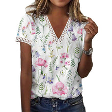 Laden Sie das Bild in den Galerie-Viewer, Bedrucktes Kurzärmeliges T-Shirt mit V-Ausschnitt für Damen