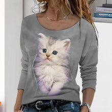 Laden Sie das Bild in den Galerie-Viewer, Langärmeliges Damen-T-Shirt mit Katzenmotiv