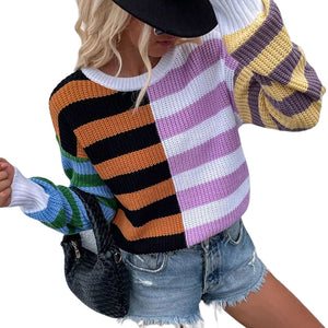 Gestreifter Lockerer Strickpullover mit Rundhalsausschnitt