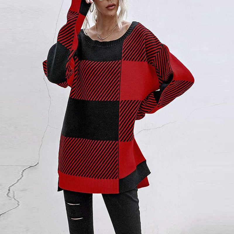Damen Plaid-Kontrast-Strickpullover