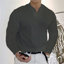 Laden Sie das Bild in den Galerie-Viewer, Einfarbiges Geschäft-T-Shirt mit V-Ausschnitt und langen Ärmeln