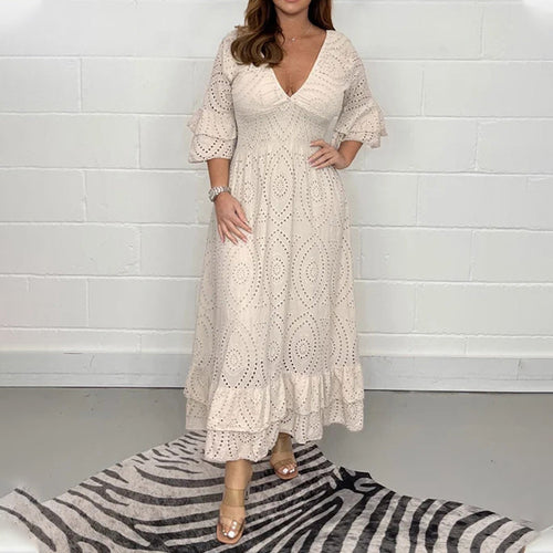 Lockeres einfarbiges Kleid mit V-Ausschnitt und hoher Taille