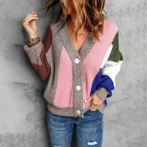 Colorblock-Pullover Cardigan mit V-Ausschnitt
