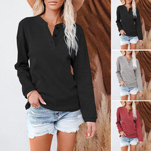 Laden Sie das Bild in den Galerie-Viewer, Einfarbiges Langarm-T-Shirt mit V-Ausschnitt