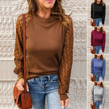 Laden Sie das Bild in den Galerie-Viewer, Damen Langärmliges T-Shirt mit Rundhalsausschnitt und Spitzeneinsatz