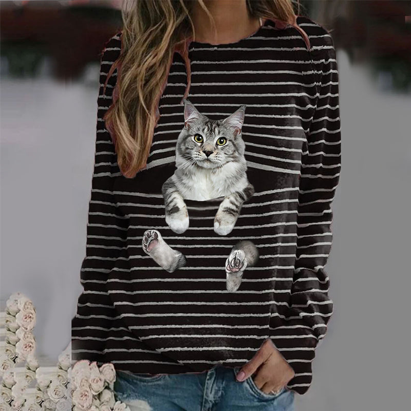 Gestreiftes T-Shirt mit Katzen-Print