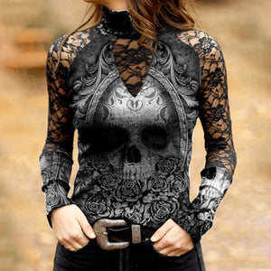 T-Shirt mit Totenkopf-Print aus Spitze