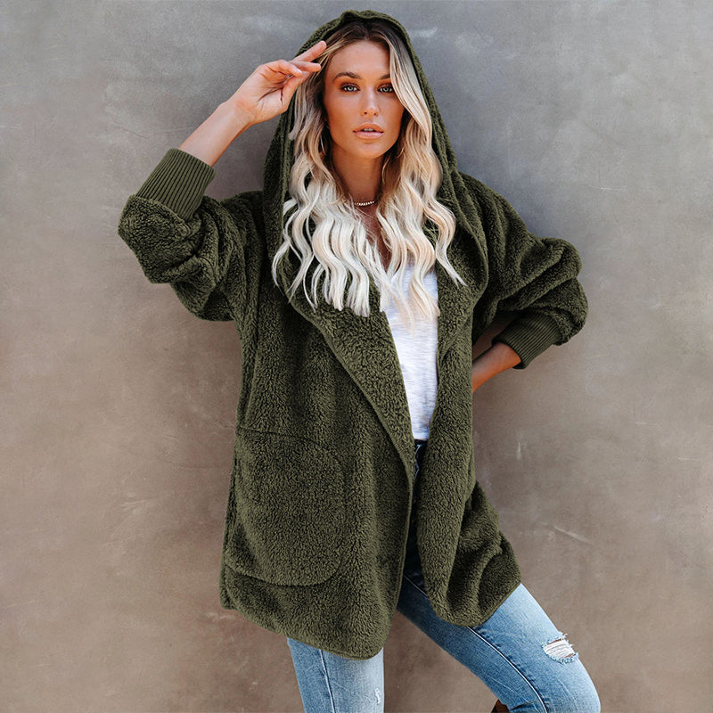Langärmlige Lässige Einfarbige Strickjacke mit Kapuze
