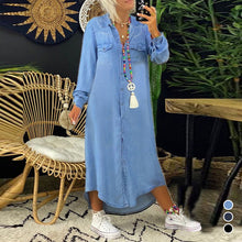 Laden Sie das Bild in den Galerie-Viewer, Einfarbiges, langärmliges, lässiges Jeanskleid für Damen