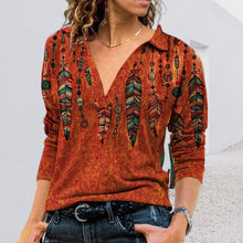 Laden Sie das Bild in den Galerie-Viewer, Damen Bedrucktes Langärmliges T-Shirt mit V-Revers