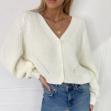 Laden Sie das Bild in den Galerie-Viewer, Einfarbiger Strickpullover mit Ballonärmeln und V-Ausschnitt